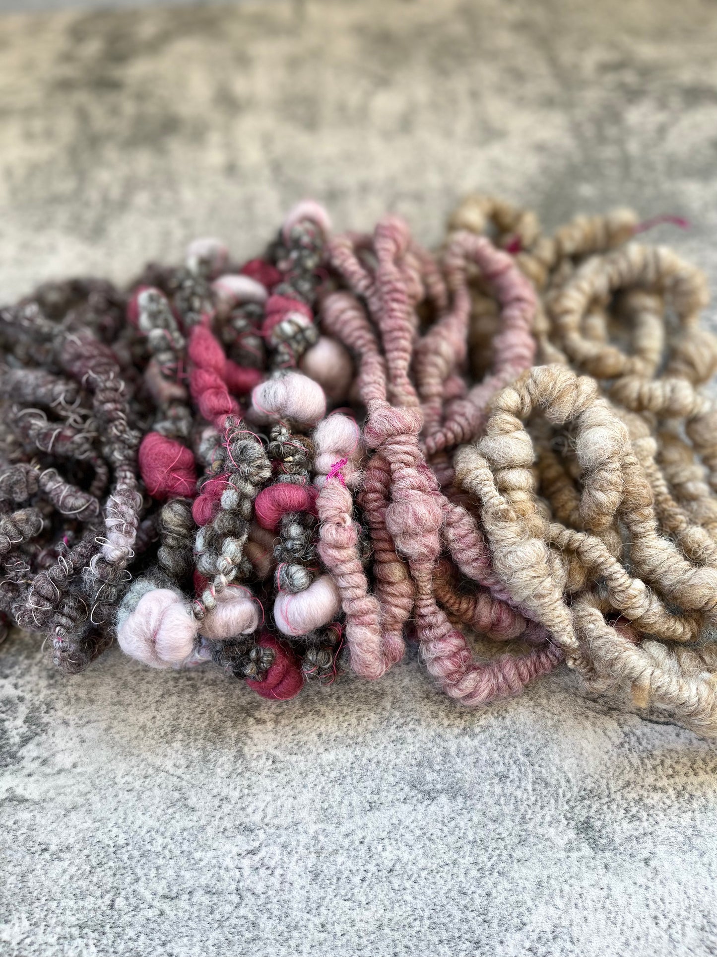 Hand Spun Art Yarn- Pinks and Neutrals