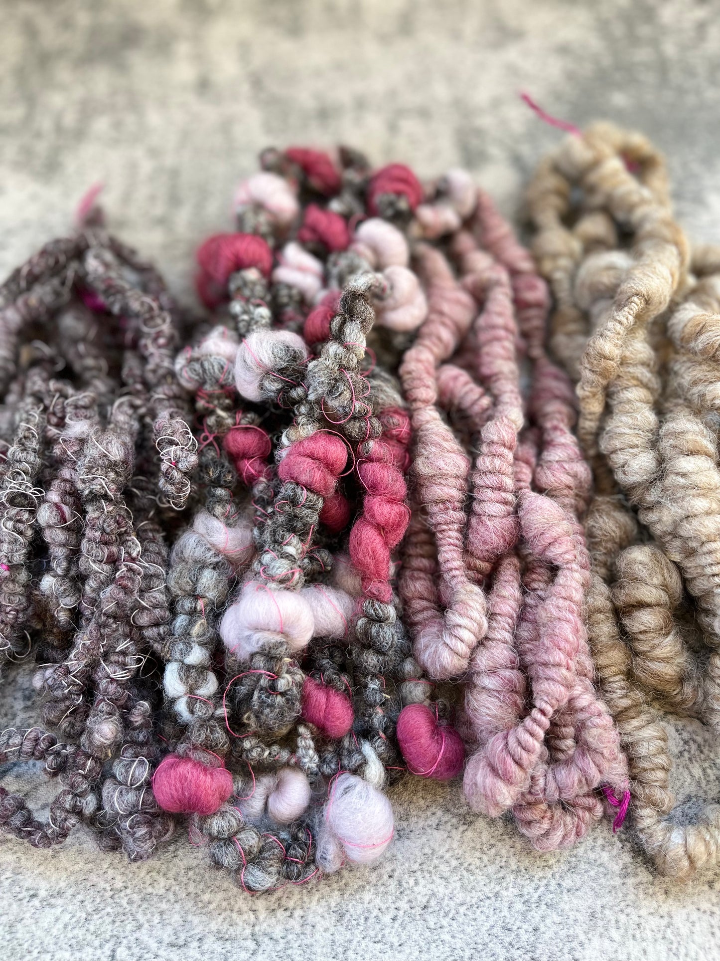 Hand Spun Art Yarn- Pinks and Neutrals